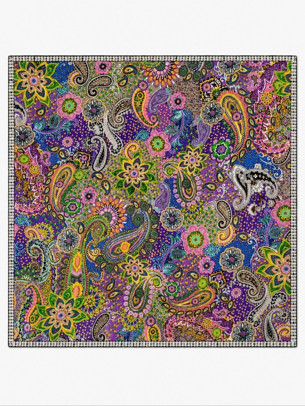 100% Silk Square Scarf Purple Paisley Floral Multicolor Boho Wrap